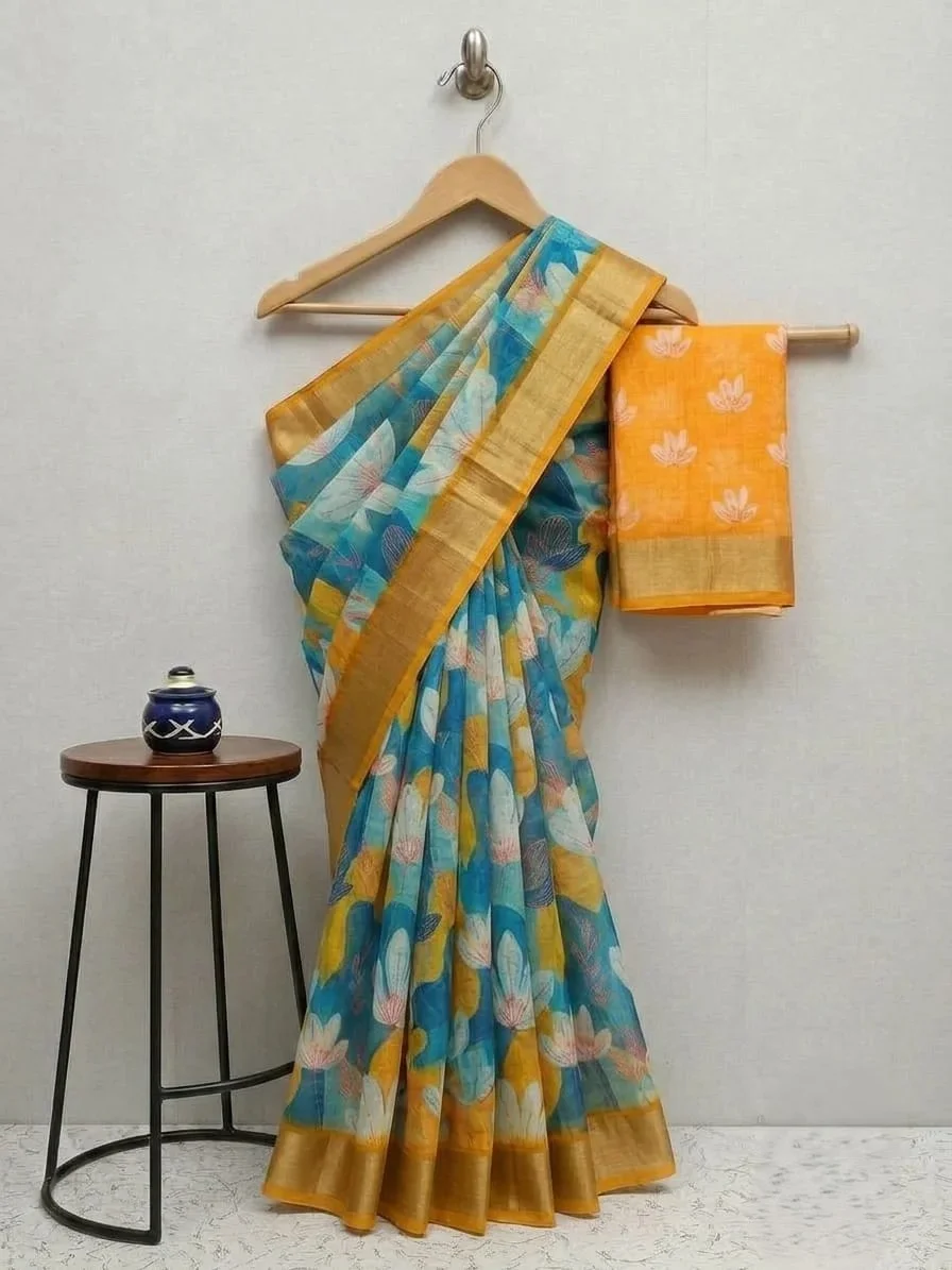 Turquoise Blue Handloom Linen Cotton Saree